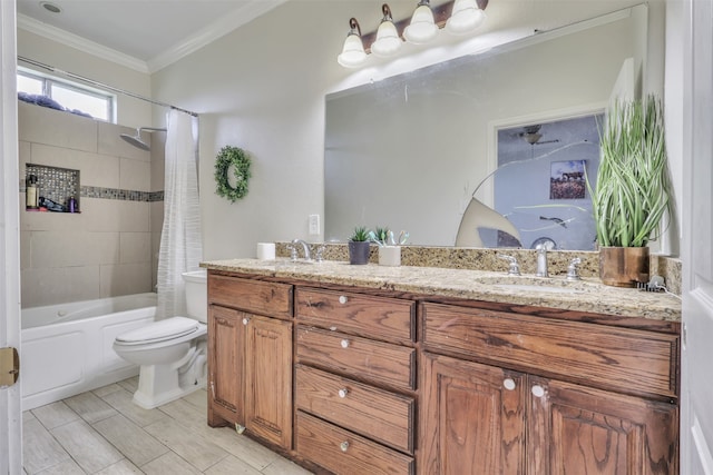 full bathroom with crown molding, vanity, toilet, and shower / bath combination with curtain