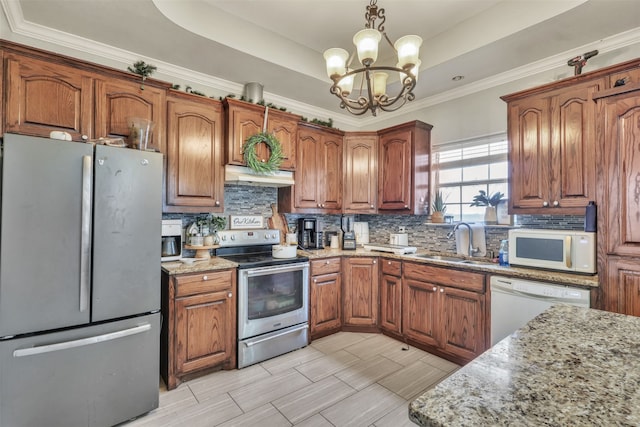 kitchen with a tray ceiling, stainless steel appliances, a notable chandelier, and sink