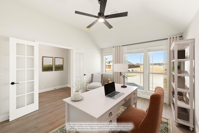 2617 Lila St, Burleson, TX 76028 - office with lofted ceiling, ceiling fan, light wood-style flooring, french doors, and baseboards