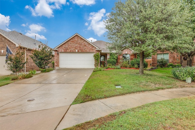 5204 Balsam Dr, Mckinney, TX 75071 - ranch-style house with concrete driveway, roof with shingles, an attached garage, a front lawn, and brick siding