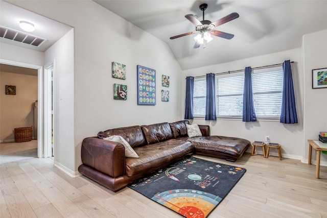 5204 Balsam Dr, Mckinney, TX 75071 - living area with vaulted ceiling, baseboards, ceiling fan, visible vents, and wood finished floors