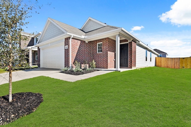 single story home with a front yard and a garage