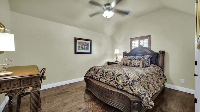 bedroom featuring vaulted ceiling, ceiling fan, and dark hardwood / wood-style floors