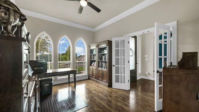 interior space with ornamental molding, dark hardwood / wood-style flooring, a wealth of natural light, and ceiling fan