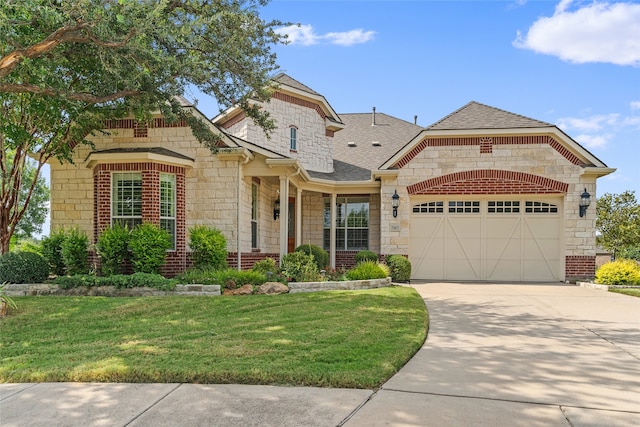 view of front of property with a garage and a front lawn