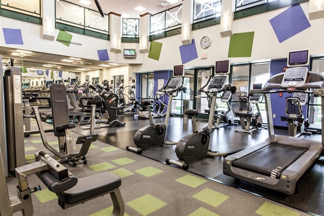 exercise room featuring a high ceiling