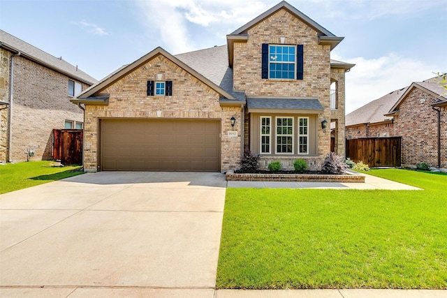 view of front of property with a front yard and a garage