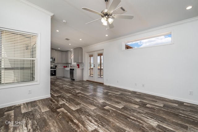 unfurnished living room featuring crown molding, dark hardwood / wood-style flooring, and ceiling fan