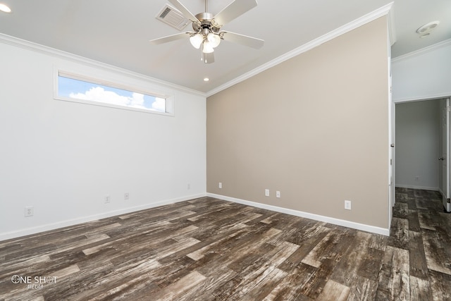 spare room featuring crown molding, ceiling fan, and dark hardwood / wood-style floors