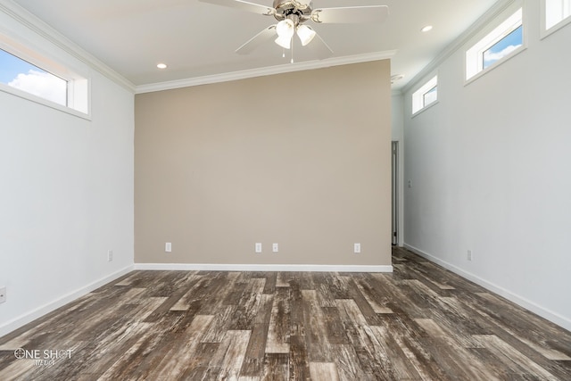 unfurnished room with crown molding, ceiling fan, and dark hardwood / wood-style floors