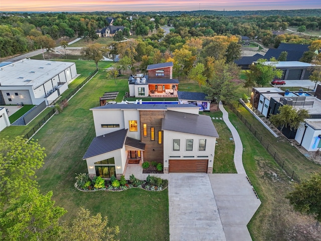 view of aerial view at dusk