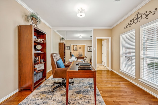 home office with crown molding and hardwood / wood-style flooring