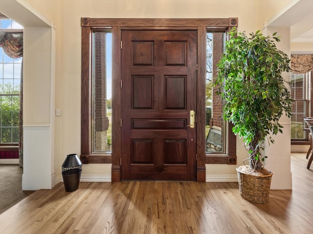 entrance foyer featuring a wealth of natural light, wood finished floors, and baseboards