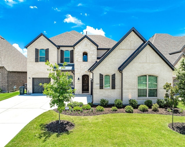 french country inspired facade with a garage, a front yard, brick siding, a shingled roof, and concrete driveway