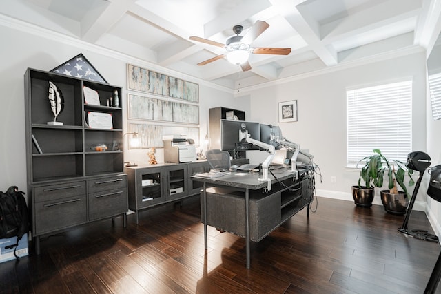 home office featuring coffered ceiling, crown molding, ceiling fan, dark wood-type flooring, and beam ceiling