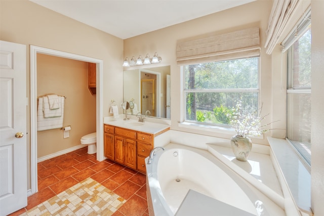 full bathroom with independent shower and bath, vanity, tile patterned flooring, and toilet