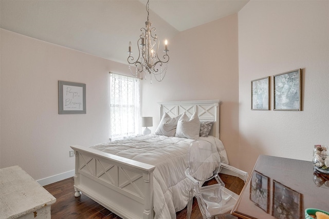 bedroom with dark hardwood / wood-style flooring and a notable chandelier