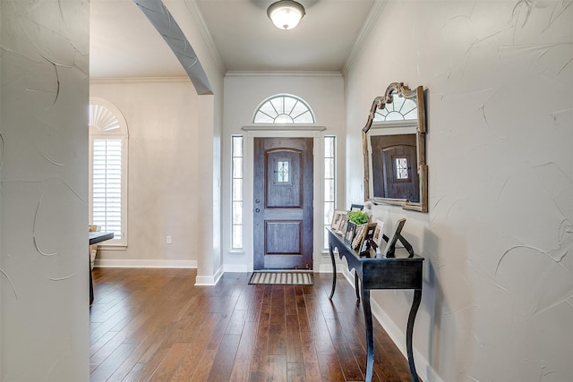 entrance foyer featuring wood-type flooring and ornamental molding