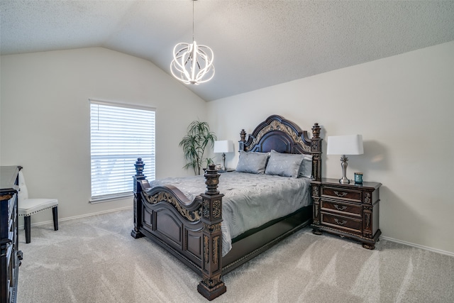 carpeted bedroom with lofted ceiling, a notable chandelier, and a textured ceiling