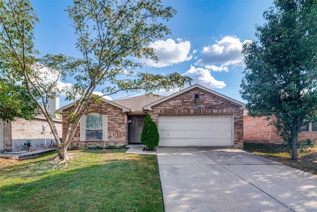 single story home with a front yard and a garage