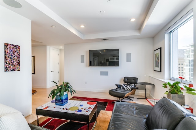 living room featuring a tray ceiling, a healthy amount of sunlight, and hardwood / wood-style floors