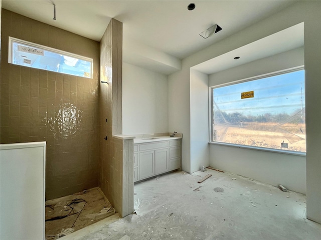 bathroom featuring vanity and walk in shower