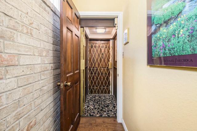 corridor featuring a raised ceiling and dark wood-type flooring