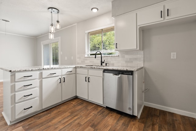 kitchen with dark hardwood / wood-style floors, white cabinets, sink, kitchen peninsula, and dishwasher