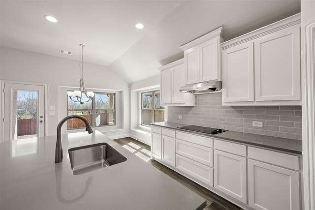 full bathroom with lofted ceiling, tile patterned floors, a shower stall, and a bath