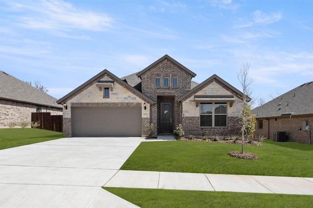 french provincial home featuring concrete driveway, brick siding, a front lawn, and an attached garage