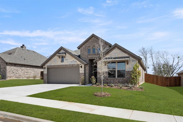 french country inspired facade featuring concrete driveway, a front yard, fence, a garage, and stone siding