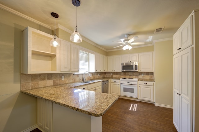 kitchen with stainless steel appliances, ceiling fan, stone counters, and white cabinets