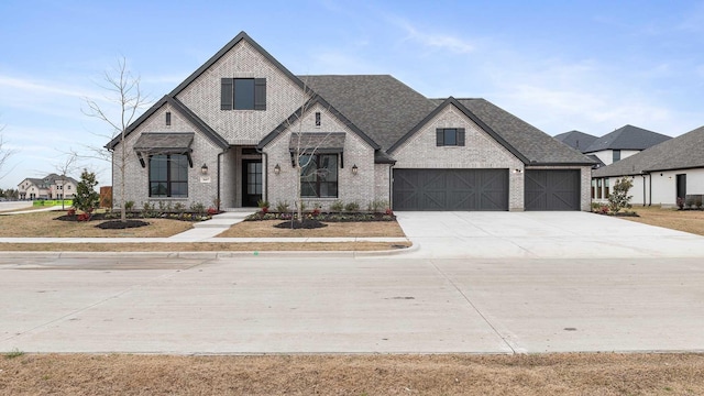 view of front of home with a garage, brick siding, driveway, and a shingled roof