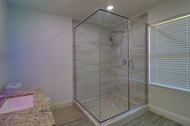 bathroom with vanity, toilet, wood-type flooring, and a shower with shower door