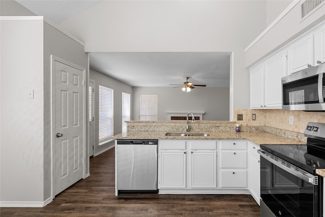 kitchen featuring dark wood-type flooring, stainless steel appliances, sink, kitchen peninsula, and ceiling fan