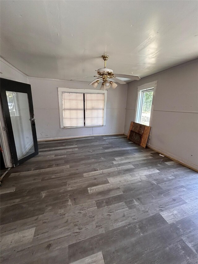 interior space featuring ceiling fan and dark hardwood / wood-style flooring