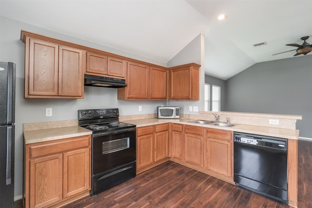 kitchen with black appliances, sink, ceiling fan, dark hardwood / wood-style floors, and lofted ceiling