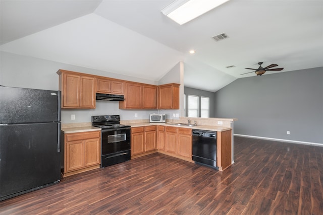 kitchen with vaulted ceiling, black appliances, kitchen peninsula, dark wood-type flooring, and ceiling fan