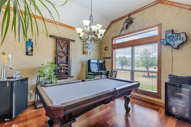 playroom with billiards, crown molding, vaulted ceiling, dark hardwood / wood-style floors, and wine cooler