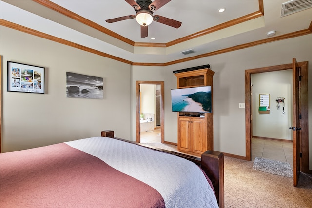 carpeted bedroom featuring ceiling fan, connected bathroom, and ornamental molding