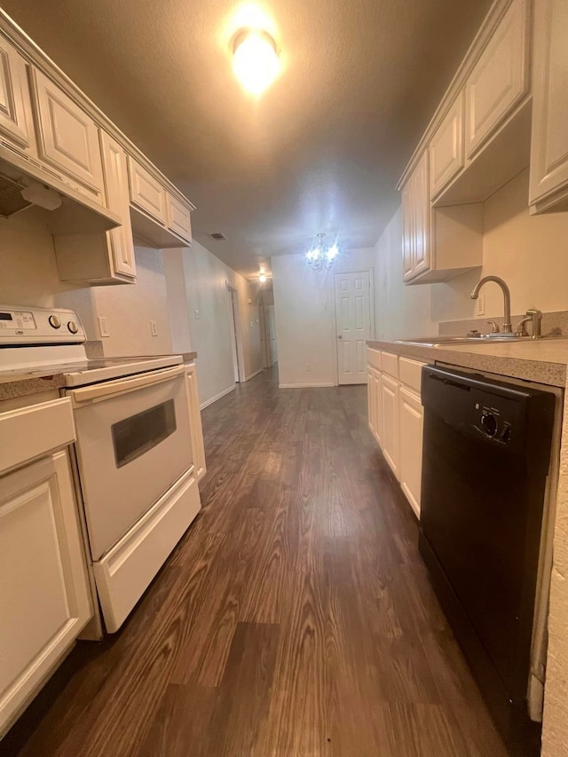 kitchen featuring dark hardwood / wood-style flooring, dishwasher, sink, white electric range oven, and white cabinets