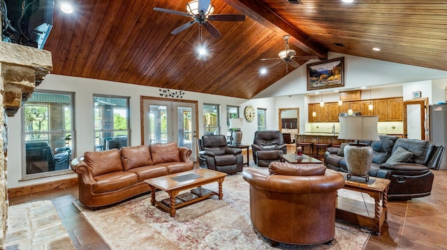 living room with high vaulted ceiling, ceiling fan, wood ceiling, and beam ceiling