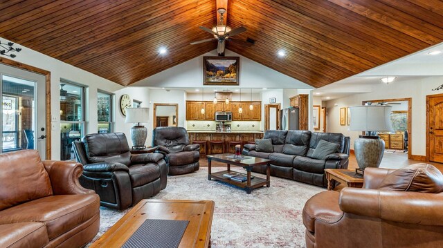 living room featuring high vaulted ceiling, ceiling fan, beam ceiling, and wooden ceiling