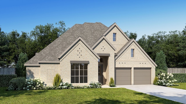 view of front of home with a garage and a front lawn