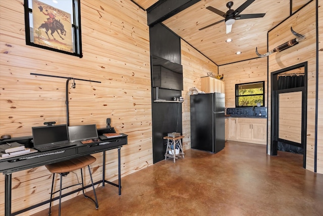 1990 W Mccaleb, Hamilton, TX 76531 - home office featuring a sink, wooden walls, concrete flooring, ceiling fan, and recessed lighting