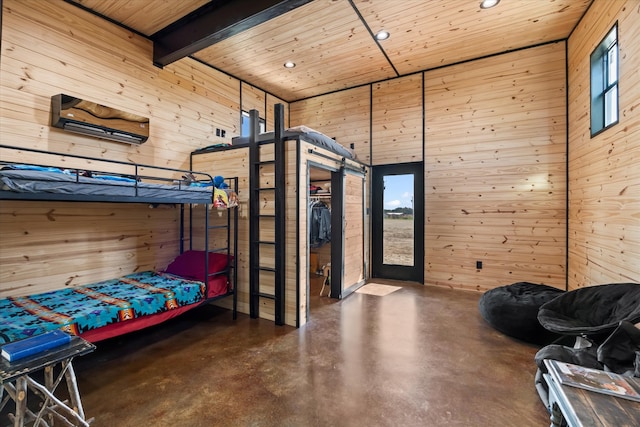 bedroom with beamed ceiling, wooden walls, and multiple windows