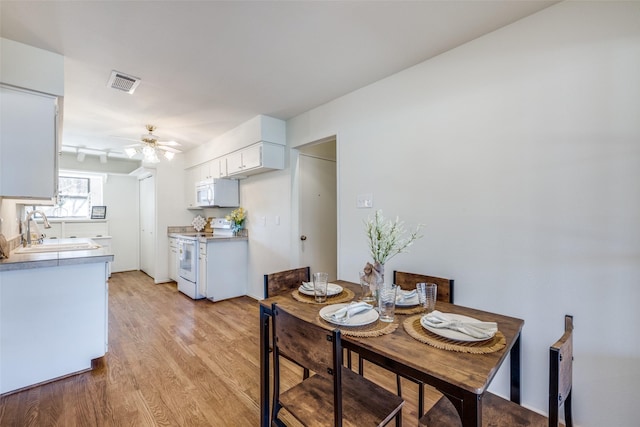 dining area with ceiling fan, sink, and light wood-type flooring