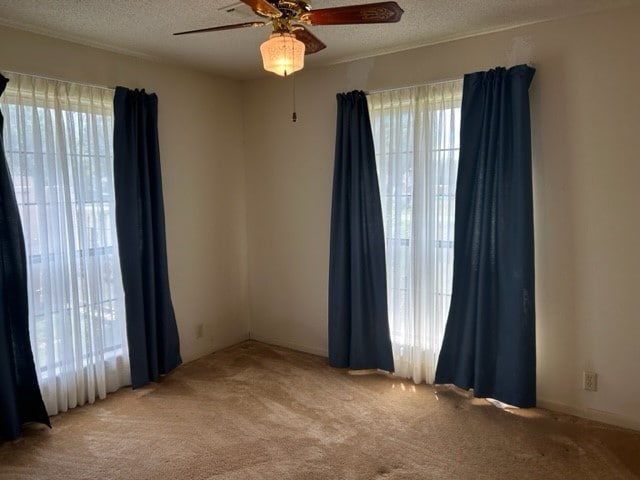 empty room featuring light colored carpet, ceiling fan, and a textured ceiling