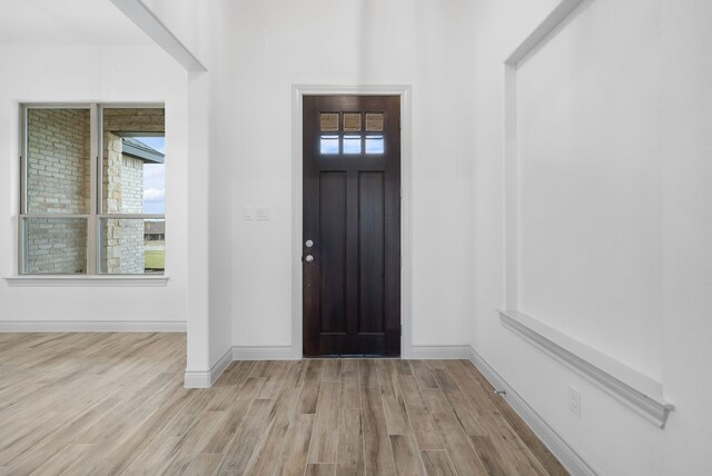 foyer with baseboards and wood finished floors