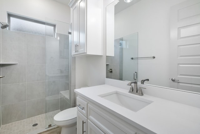 bathroom with a shower stall, toilet, and vanity